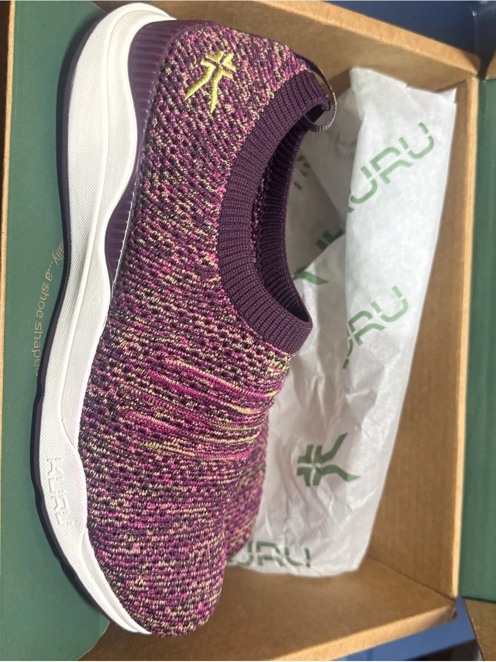 KURU Stride Women’s 9.5Slip-On Knit Sneakers in Purple with Pink & Black Accents